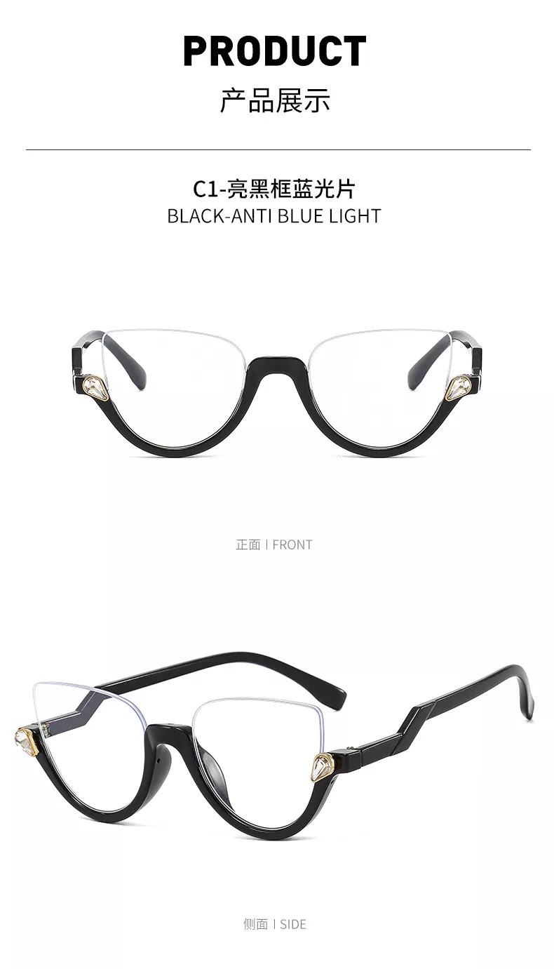 2022 new European and American half-frame anti-blue light glasses personality trend flat lens PC fashion diamond-inlaid glasses