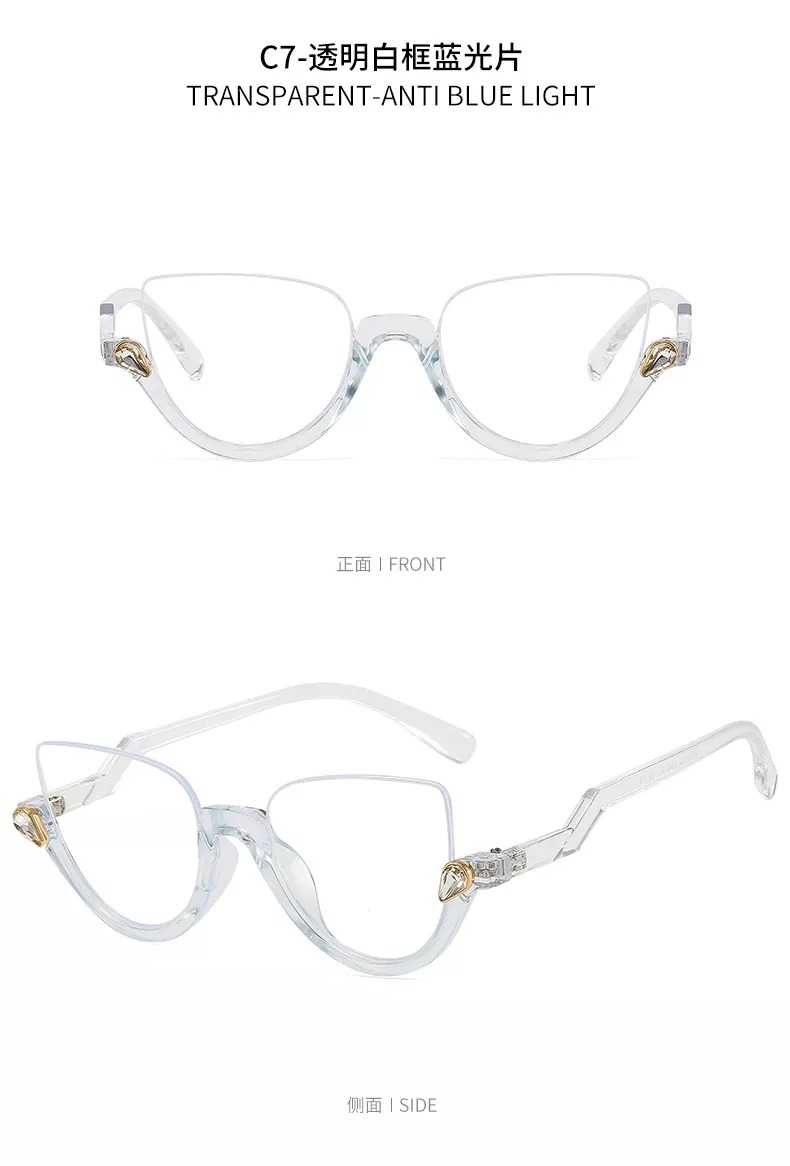 2022 new European and American half-frame anti-blue light glasses personality trend flat lens PC fashion diamond-inlaid glasses