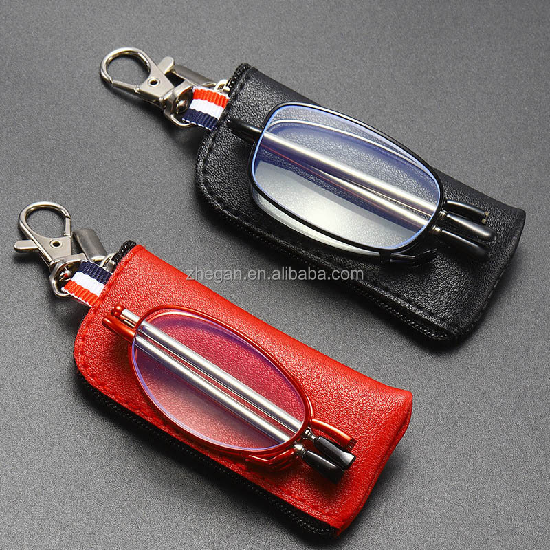 Anti-blue light folding reading glasses for men and women with telescopic rod portable fashion ultra-light leather case +1.0