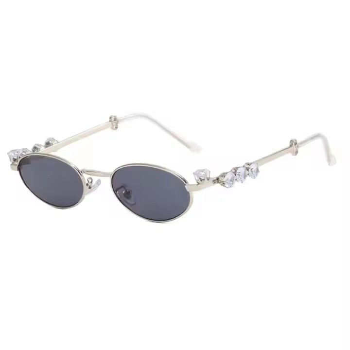 Diamond-encrusted Oval Metal Frame Small Frame Frame Can Be Equipped With Myopia Flat Lens Women Sunglasses