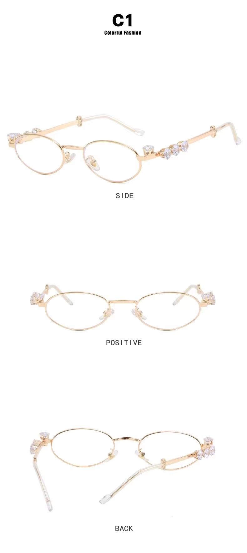 Diamond-encrusted Oval Metal Frame Small Frame Frame Can Be Equipped With Myopia Flat Lens Women Sunglasses