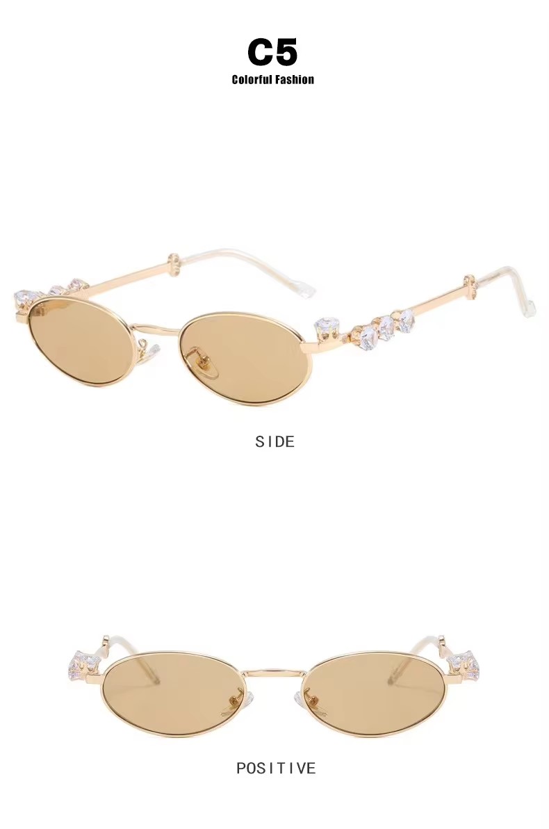 Diamond-encrusted Oval Metal Frame Small Frame Frame Can Be Equipped With Myopia Flat Lens Women Sunglasses