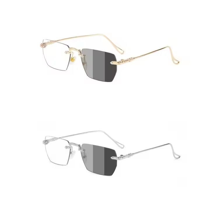 Fashionable Men's Anti-blue Color-changing Polygonal Photochromic Sunglasses With Rimless Metal Frame Myopia Reading Glasses