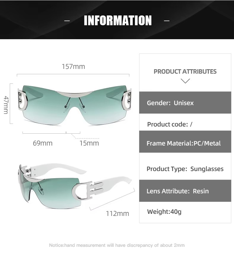 New Trend One Piece Rimless Oversize Sunglasses Y2k Outdoor Driving Shades For Men And Women In Black Gold White Red Frames