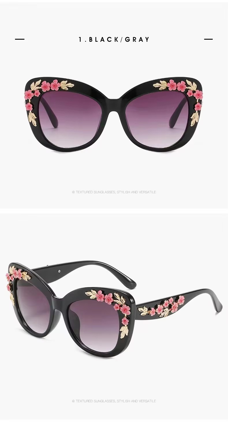 Wholesale Retro Cat-eye Sunglasses With Floral Plastic Gradient Lens Unisex Red Frame For Men And Women Amazon Foreign Trade