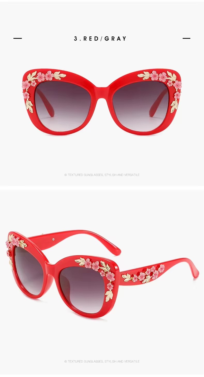 Wholesale Retro Cat-eye Sunglasses With Floral Plastic Gradient Lens Unisex Red Frame For Men And Women Amazon Foreign Trade