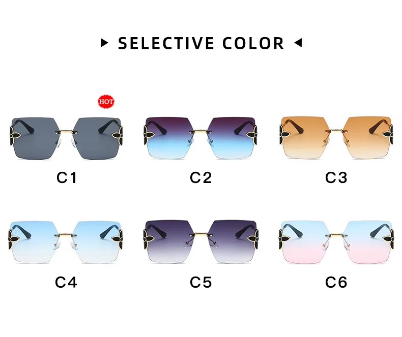 Uv400 Protection Style Oversize Sunglasses Fashionable Petal Decorated Gradient Polygonal Shades Blue Pink Unisex Ladies' Metal