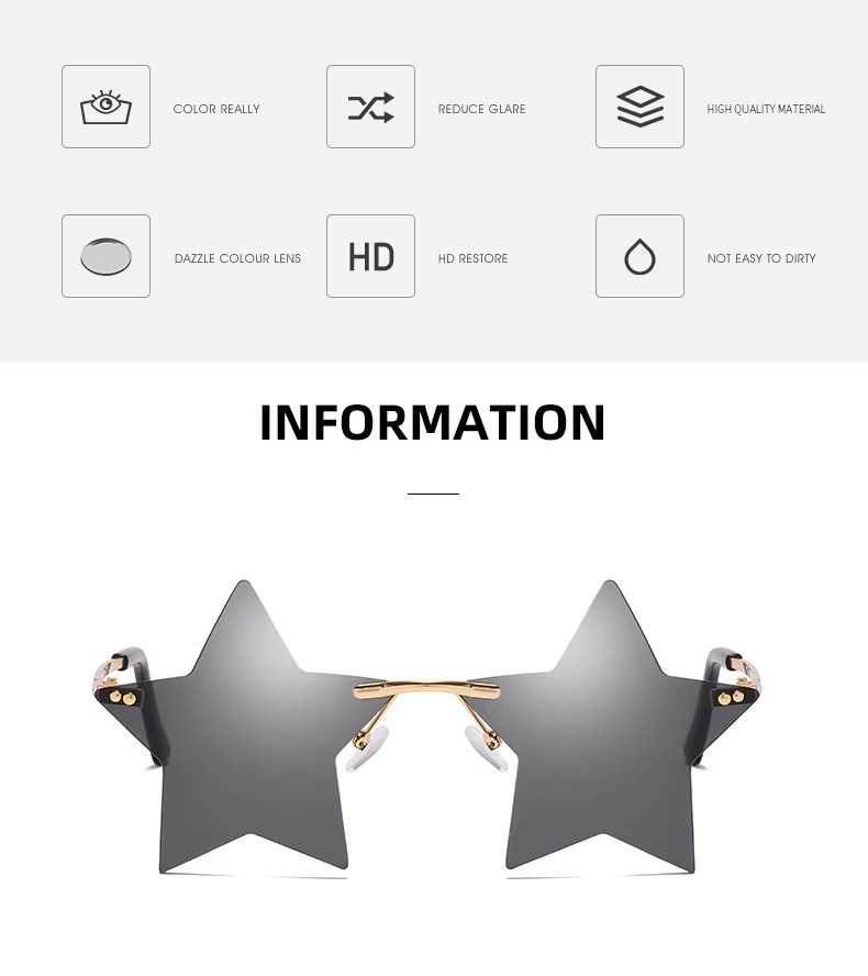 High Quality Rimless Star Shape Sunglasses For Men Women Custom Logo Blue Black Metal Frame Fancy Shades For Parties Sun Glasses