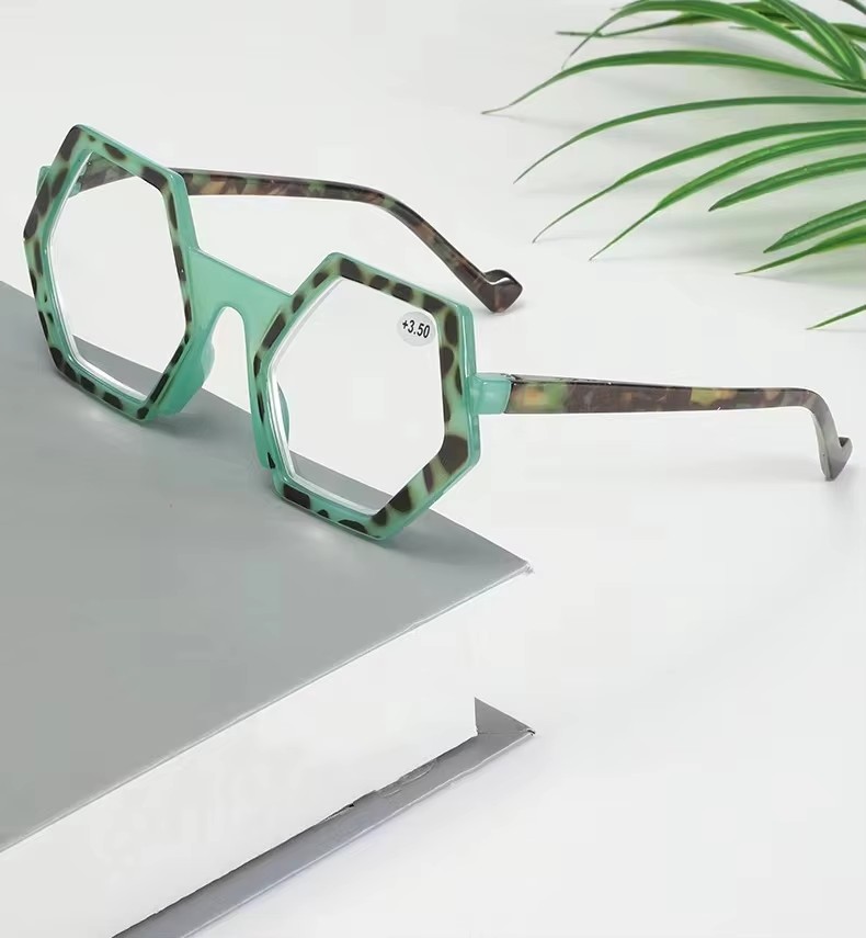 New Cross-border Polygon Hd Reading Glasses Elderly White Green Yellow Frame Color Fashionable Trendy Net Red Lenses Personality