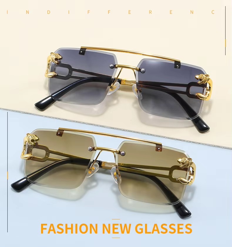 New European And American Men's Retro Double Beam Sunglasses Fashion Leopard Rimless Cut Edge Sunglasses Female