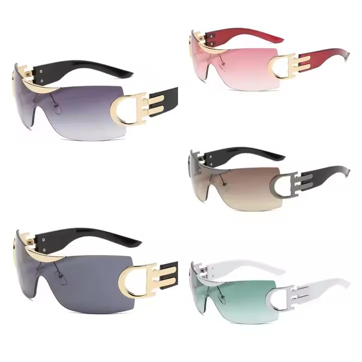 New Trend One Piece Rimless Oversize Sunglasses Y2k Outdoor Driving Shades For Men And Women In Black Gold White Red Frames