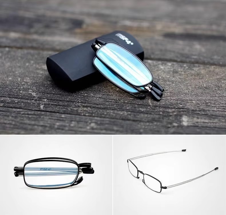 Unisex Portable Telescopic Reading Glasses Anti-blue High-definition Lens Fashionable Red Metal Hard Shell Folding Antenna