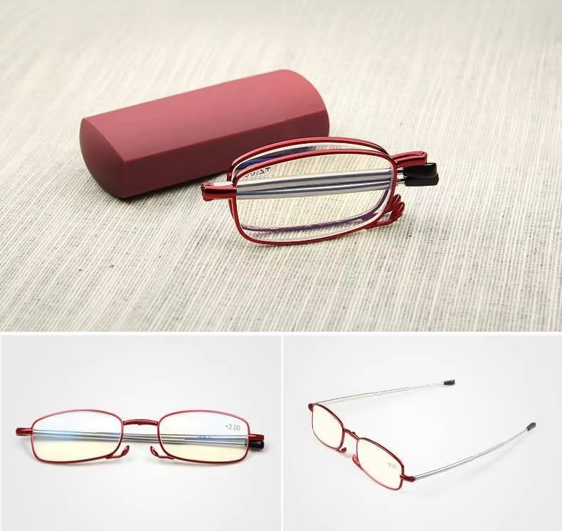 Unisex Portable Telescopic Reading Glasses Anti-blue High-definition Lens Fashionable Red Metal Hard Shell Folding Antenna