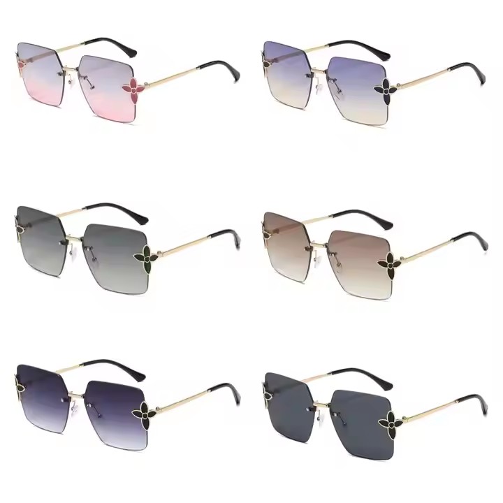 Uv400 Protection Style Oversize Sunglasses Fashionable Petal Decorated Gradient Polygonal Shades Blue Pink Unisex Ladies' Metal