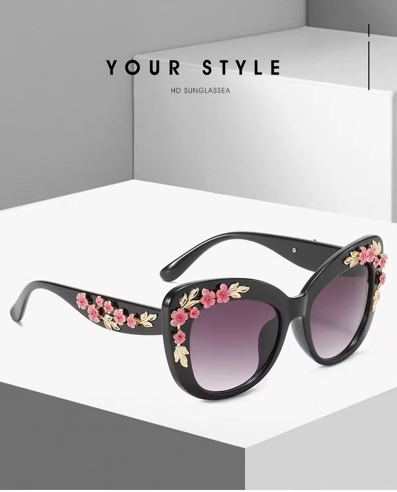 Wholesale Retro Cat-eye Sunglasses With Floral Plastic Gradient Lens Unisex Red Frame For Men And Women Amazon Foreign Trade